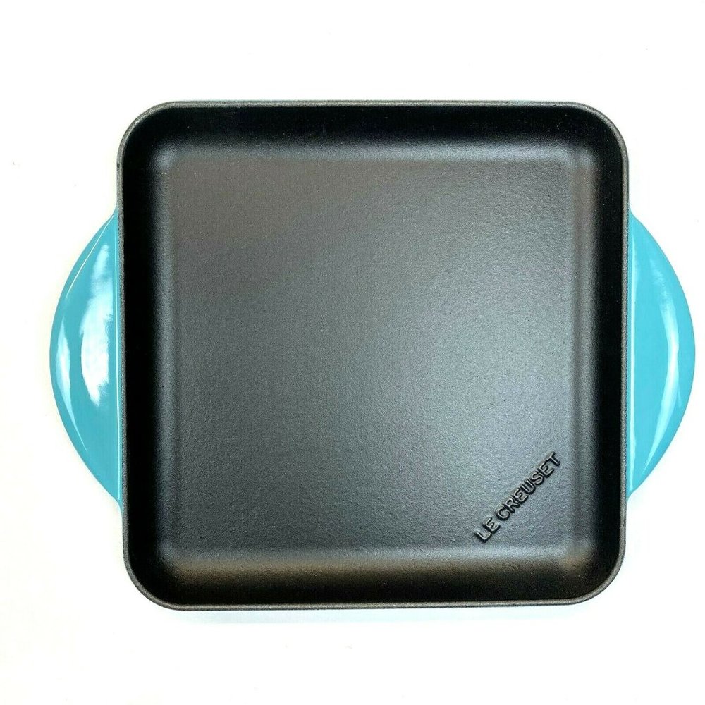 Le Creuset 9.5" Square Enamelled Cast Iron Griddle - Caribbean Teal Blue - Picture 2 of 6